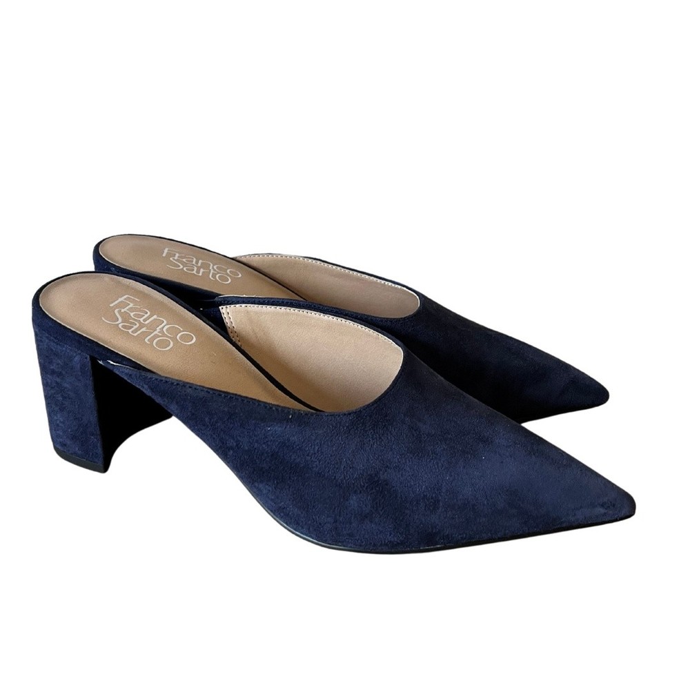 Franco Sarto Sz 4 Midnight Blue Leather Suede Mule Heels Pointy Toe Block Heel